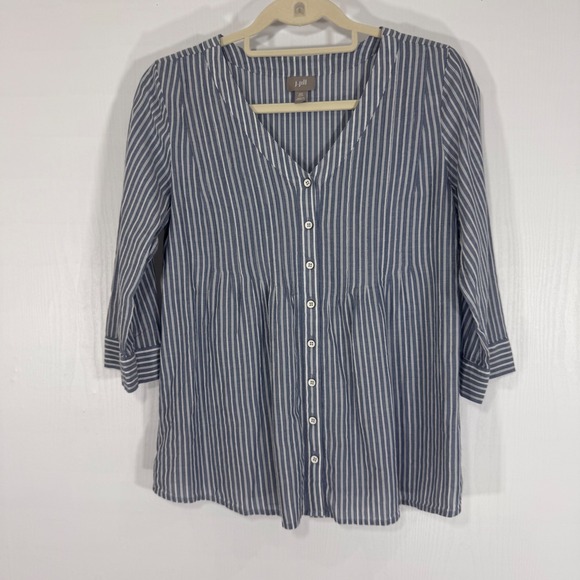 J.Jill Blue Striped Button Down 3/4 Sleeve Cotton Top Blouse Size XS Petite - Picture 1 of 9